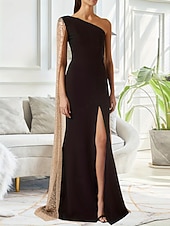 お買い得  ボールガウンイブニングドレス-タイト／コラム フロア丈 イブニングドレス オーバースカート付きボールガウン フォーマルドレス エレガント 光沢タイプ ノースリーブ ワンショルダー フォーマル 結婚式 スパンコール ストレッチクレープ ととも​​に フリル スパンコール スリット