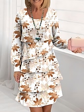 abordables Vestidos de fiesta-Easter Women's Knee Length Dress A Line Dress Tiered Dress Elegant Vacation Casual Regular Fit Floral Graphic Leaf Long Sleeve Crew Neck Green Khaki Spring Fall Winter