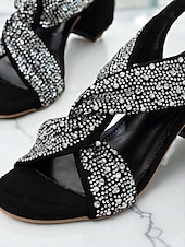 economico Sandali con tacco-sandali da donna con tacco a blocco incrociato e strass neri - tacchi glamour con punta aperta per le feste di Natale e Capodanno &amp;eventi serali