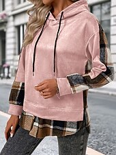 cheap Graphic shop Sweatshirts &amp; Hoodies-Women&#039;s Pullover Hoodie Sweatshirt Plaid Vintage Casual Long Sleeve Hooded Regular Tops Street Casual Sports Drawstring Patchwork Pink Army Green Dark Gray Beige Coffee Fall Winter