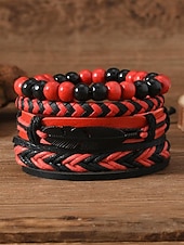 levne Pánské šperky-Pánská sada náramků z umělé kůže, červeno-černé tkané náramky s detaily zlého oka a korálků, stylové na Vánoce, různé vzory