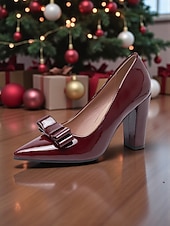 abordables Escarpins à talon bloc-Escarpins à bout pointu en cuir verni vert pour femme, ornés d'un nœud - chaussures élégantes pour les fêtes de fin d'année