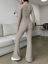 cheap Women's Blouse Suits-Women's Pants Sets Bolero Top Long Sleeve Shirt Collar Solid Color Zipper Fashion Streetwear Casual Daily Outdoor Black Wine Camel Spring Slim