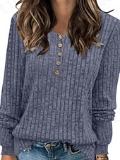 billiga Kvinnors Enfärgade Toppar-Dam Blus Ensfärgat Stylish Ledigt Långärmad Rund hals Vanliga toppar Dagligen Knappar Svart Gul Ljusgrön Rubinrött Blå Vår Höst Vinter