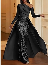 cheap Ball Gown Evening Dresses-Mermaid Trumpet Floor Length Evening Gown Ball Gown with Overskirt Formal Dress Elegant Glittering Sparkle Long Sleeve One Shoulder Wedding Formal Stretch Satin Sequined with Glitter