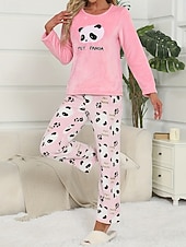 cheap Women&#039;s Sleep Tops &amp; Bottoms-Women&#039;s Pajamas Loungewear Pajama Set Flannel Warm Fashion Panda Elastic Waist Pant Home Daily Long Sleeve Crew Neck White Pink Light Blue Fall Winter Loose Fit