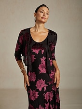  Mulheres encolhe os ombros Floral Elegante Vintage Manga 3/4 Decote V Festa de Noite Convidado do casamento Traje de festa para noite Vinho Outono Inverno