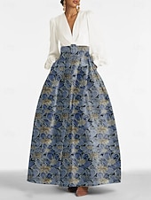 ジャカードブロケード フローラル Aラインイブニングガウン ドレス フォーマルウェディングゲスト フロアレングス 長袖 Vネック ベルト ナイロン スリットポケット お買い得  Aラインのイブニングドレス-ジャカードブロケード フローラル Aラインイブニングガウン ドレス フォーマルウェディングゲスト フロアレングス 長袖 Vネック ベルト ナイロン スリットポケット