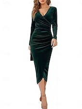 preiswerte Einfaches Kleid-Damen Samt Midi Kleid Etuikleid Wickelkleid A-Linie Kleid Party Cocktail Party Hochzeitsgast Reguläre Passform Einfarbig Langarm V-Ausschnitt Schwarz Lila Grün Herbst Winter