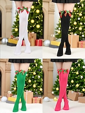 levne Dámské ponožky-Dámské vánoční ponožky do stehen, sada 4 párů, pruhované &amp;Jednobarevné červené sváteční punčochy s mašlemi a bambulkami, slavnostní ponožky nad kolena na zimní večírky &amp;dárky