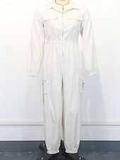 זול סרבל חופשה-בגדי ריקוד נשים סרבלים פעיל צבע אחיד שרוול ארוך מכנסי קרגו צווארון חולצה רוכסן כיס חופשה יומי רגיל שחור משמש אביב