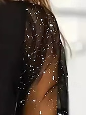  Γυναικεία Μπλούζα Κουρελού Γκλίτερ Δίχτυ Σκέτο Στυλάτο Μοντέρνα Μακρυμάνικο Λαιμόκοψη V Κανονικά μπλουζάκια Καθημερινά Αργίες Εξόδου Μαύρο Καλοκαίρι Άνοιξη Φθινόπωρο