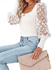 economico T-shirt semplice-Per donna Blusa Semplice Casual Manica Lunga Collo quadrato Top Regolari Quotidiano Ferie Patchwork Rete Nero Bianco Rosa Autunno Inverno