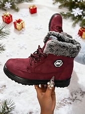 olcso Hó- és téli csizma-női bordó műszőrmével bélelt hótaposó – meleg téli csizma kültéri karácsonyi tevékenységekhez és hideg időben való viseletre