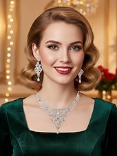 tanie Naszyjnik damski-Zestaw biżuterii z kryształkami dla kobiet na bal – elegancki srebrny naszyjnik i wiszące kolczyki, styl vintage glamour na wieczór, bal maturalny &amp;formalne okazje