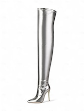 economico Stivali alla moda-stivali alti fino alla coscia in argento da donna - stivali con tacco alto sopra il ginocchio in metallo lucido, calzature sexy da festa e da discoteca per la sera &amp;eventi festivi