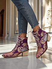  Bottines à lacets en jacquard violet pour femme, ornées de broderies florales et dotées d'un petit talon bloc – bottines de style baroque vintage, parfaites pour les festivals et les soirées Gatsby.