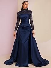 Недорогие Длина пола-А-силуэт Платье для матери невесты Элегантный стиль Винтаж Блеск и сияние Вырез под горло В пол Спандекс Италия сатин Полиэстер Длинный рукав с Пайетки