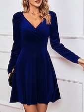 Świąteczna sukienka mini z weluru dla kobiet sukienka w kształcie litery A elegancka na przyjęcia koktajlowa na świeżym powietrzu regularne dopasowanie jednolity kolor długi rękaw dekolt w serek tanie Sukienki świąteczne-Świąteczna sukienka mini z weluru dla kobiet sukienka w kształcie litery A elegancka na przyjęcia koktajlowa na świeżym powietrzu regularne dopasowanie jednolity kolor długi rękaw dekolt w serek