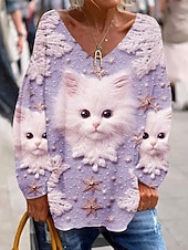 Χαμηλού Κόστους Ζώα tee-Γυναικεία Μπλουζάκι Στάμπα Γραφική Ζώο Γάτα Κομψό Βίντατζ Μοντέρνα Μακρυμάνικο Λαιμόκοψη V Κανονικά μπλουζάκια Καθημερινά Σαββατοκύριακο Θαλασσί Ανθισμένο Ροζ Βυσσινί Άνοιξη Φθινόπωρο