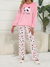cheap Women&#039;s Sleep Tops &amp; Bottoms-Women&#039;s Pajamas Loungewear Pajama Set Flannel Warm Fashion Panda Elastic Waist Pant Home Daily Long Sleeve Crew Neck White Pink Light Blue Fall Winter Loose Fit