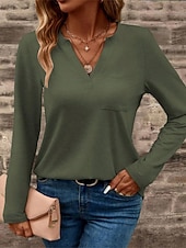 ieftine tricou simplu-Pentru femei Topuri imbracate Buzunar Culoare solidă Simplu Elegant femei Stilat Manșon Lung În V Topuri obișnuite Zilnic Muncă Ieșire Negru Alb Roz Îmbujorat Trifoi Kaki Toamnă Iarnă