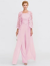 abordables Combinaisons pour maman-Pantalon de mariage de plage 3 pièces mère de la mariée invité de mariage élégant taille plus décolleté carré longueur de sol en chiffon dentelle cordée sans manches enveloppe incluse avec appliqués
