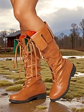 voordelige Middeleeuwen &amp; Renaissance-Middeleeuwse Viking-kniehoge veterlaarzen van imitatieleer voor dames, retro renaissancekostuumschoenen voor LARP, cosplay en festivals &amp;podiumoptredens
