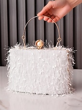 tanie Torby i torebki-Damska torebka na imprezę świąteczną – elegancka wieczorowa torebka z piórami w kolorze czerwonym i zielonym, ze złotym uchwytem i perłowym zapięciem – świąteczny prezent dla kobiety – szykowny, świąteczny styl na uroczystości bożonarodzeniowe