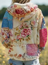 cheap Fleece-Lined Hoodies-Women's Zip Up Hoodies Zip Up Sweatshirts Drawstring Zipper Floral Graphic Animal Elegant Warm Active Long Sleeve Hooded Regular Tops Casual Home Work White Spring Fall Winter