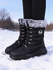 economico Stivali di neve e inverno-stivali da neve invernali da donna a metà polpaccio color bordeaux con finiture in pelliccia sintetica, stivali da esterno impermeabili e isolanti per escursionismo e sci &amp;tempo freddo