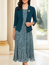 cheap Mom&#039;s Dress Sets-Two Piece A-Line Dress Sets Mother of the Bride Dress Formal Elegant Crew Neck Ankle Length Chiffon Polyester 3/4 Length Sleeve with Appliques