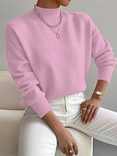 billiga Plain Pullover-Women's Sweater Pullover Fashion Streetwear Casual Solid Color Mock Neck Knitted Long Sleeve Regular Tops Knit Daily Holiday Going out Yellow Pink Fall Winter