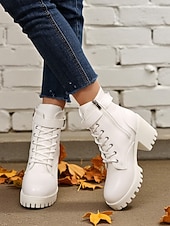 Χαμηλού Κόστους Μπότες μάχης-Γυναικείες λευκές μπότες με χοντρό τακούνι και δετά κορδόνια, κομψές μπότες μάχης με ψηλοτάκουνο και ρυθμιζόμενη αγκράφα, μοντέρνα υποδήματα για casual και υπαίθριες περιστάσεις.