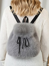 abordables Sacs à Dos de Mode-Sac à dos en fausse fourrure pour femme, sac à dos élégant avec cordon de serrage pour une tenue décontractée, matière en peluche douce, parfait pour un usage quotidien et les tenues d'hiver