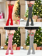 levne Dámské ponožky-Dámské vánoční ponožky do stehen, sada 4 párů, pruhované &amp;Jednobarevné červené sváteční punčochy s mašlemi a bambulkami, slavnostní ponožky nad kolena na zimní večírky &amp;dárky