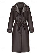 billiga Jackor i konstläder-Dam Imitationsläderjacka Trenchcoat Bekväm Ficka Knappar Ledigt Slät Semester Dagliga kläder Utekväll Helgen Lång Nedvikt Normal Långärmad Ytterkläder Marin Svart Kamel Vår Höst