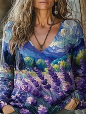 preiswerte Boho Tops-Damen Boho-Hemd Bluse Gerafft Blumen Grafik Elegant Vintage Stilvoll Langarm V Ausschnitt Normale Oberteile Täglich Ferien Ausgehen Blau Wein Armeegrün Rote Violett Frühling Herbst