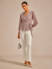 baratos Blusas Simples-Mulheres Blusa gravata na frente Metálico Elegante Manga Longa Decote V Tops regulares Convidado do casamento Roupas para encontros noturnos Traje para coquetel Rosa Verão Primavera Outono Inverno