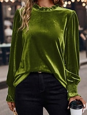 economico Bluse Eleganti-Per donna Velluto Elegant Elegante Blusa Arricciato Semplice Vintage Elegante Manica Lunga Girocollo Top Regolari Quotidiano Ferie Uscire Blu Verde militare Verde Rosa Autunno Inverno