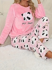 cheap Women&#039;s Sleep Tops &amp; Bottoms-Women&#039;s Pajamas Loungewear Pajama Set Flannel Warm Fashion Panda Elastic Waist Pant Home Daily Long Sleeve Crew Neck White Pink Light Blue Fall Winter Loose Fit