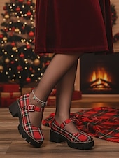 preiswerte Damen Weihnachtschuhe-Rote Mary Jane Plateauschuhe mit Schnalle im Karomuster für Damen – festlicher Weihnachtsstil, perfekt für Urlaubsoutfits und Weihnachtsfeiern