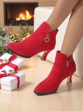 cheap Ankle Boots-Women's Suede Ankle Boots with Rhinestone Heart Charm and Gold Heels, Elegant Pointed Toe Short Boots for Christmas Parties, Winter Outfits &amp; Date Nights