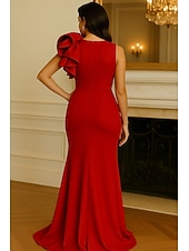 cheap Mermaid Evening Dresses-Mermaid Trumpet Floor Length Prom Dresses Evening Gown Ball Gown Formal Dress Elegant Short Sleeve Crew Neck Wedding Formal Stretch Crepe with Ruffles