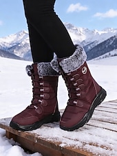 economico Stivali di neve e inverno-stivali da neve invernali da donna a metà polpaccio color bordeaux con finiture in pelliccia sintetica, stivali da esterno impermeabili e isolanti per escursionismo e sci &amp;tempo freddo