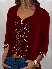 voordelige Kerstblouses en -shirts-Kerstmis Vrouwen Blouse Effen Kleur Elegant Stijlvol Basis Lange Mouwen Vierkante Hals Standaard Tops Dagelijks Sequins Patchwork Zwart Wijn Paars Groen Lente Herfst Winter