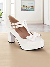 cheap 1950s Retro-Women's 1950s Vintage Patent Faux Leather T-Strap Heels with Bow Detail, Comfortable Chunky Block Heel, Elegant for Parties, Weddings and Special Occasions
