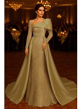 cheap Ball Gown Evening Dresses-A-Line Floor Length Beaded Eembroidered Formal Dresses Mother of the Bride Dress Evening Gown Ball Gown with Overskirt Formal Dress Elegant Silky Long Sleeve Shirt Collar Wedding Formal Satin Sequined