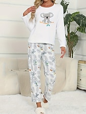 cheap Women&#039;s Sleep Tops &amp; Bottoms-Women&#039;s Pajamas Loungewear Pajama Set Flannel Warm Fashion Panda Elastic Waist Pant Home Daily Long Sleeve Crew Neck White Pink Light Blue Fall Winter Loose Fit