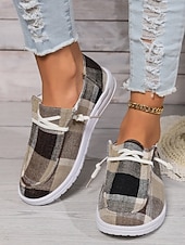 abordables Zapatillas de mujer-Zapatos sin cordones a cuadros para mujer: zapatos casuales y acogedores para Navidad, reuniones de invierno y relajación festiva.